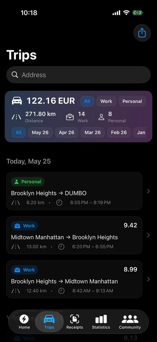 Odoma Tracker — automatically recorded trips list on iPhone